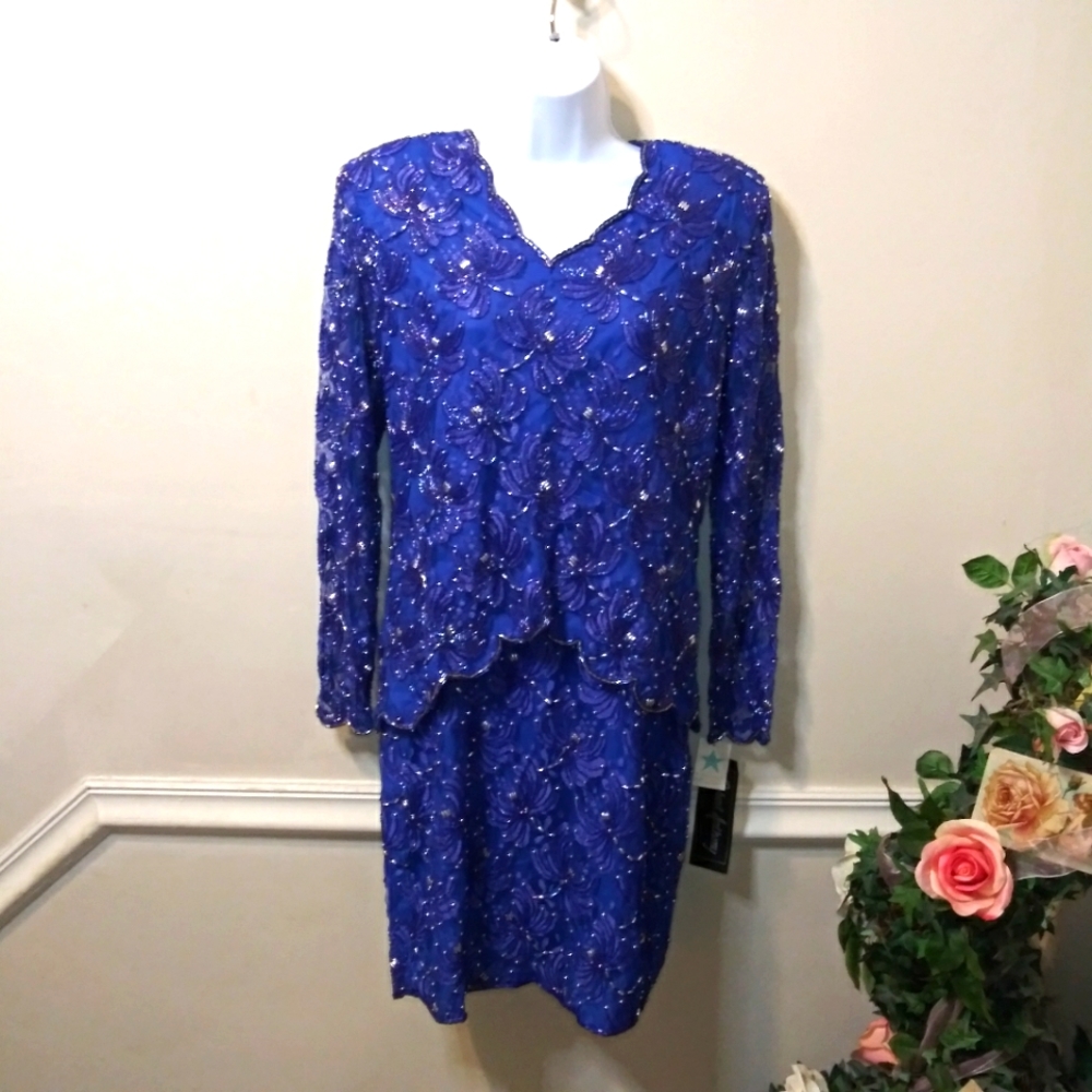 Vintage 1980's Robert Anthony Royal Blue & Purple Beaded Cocktail Dres - Picture 14 of 14